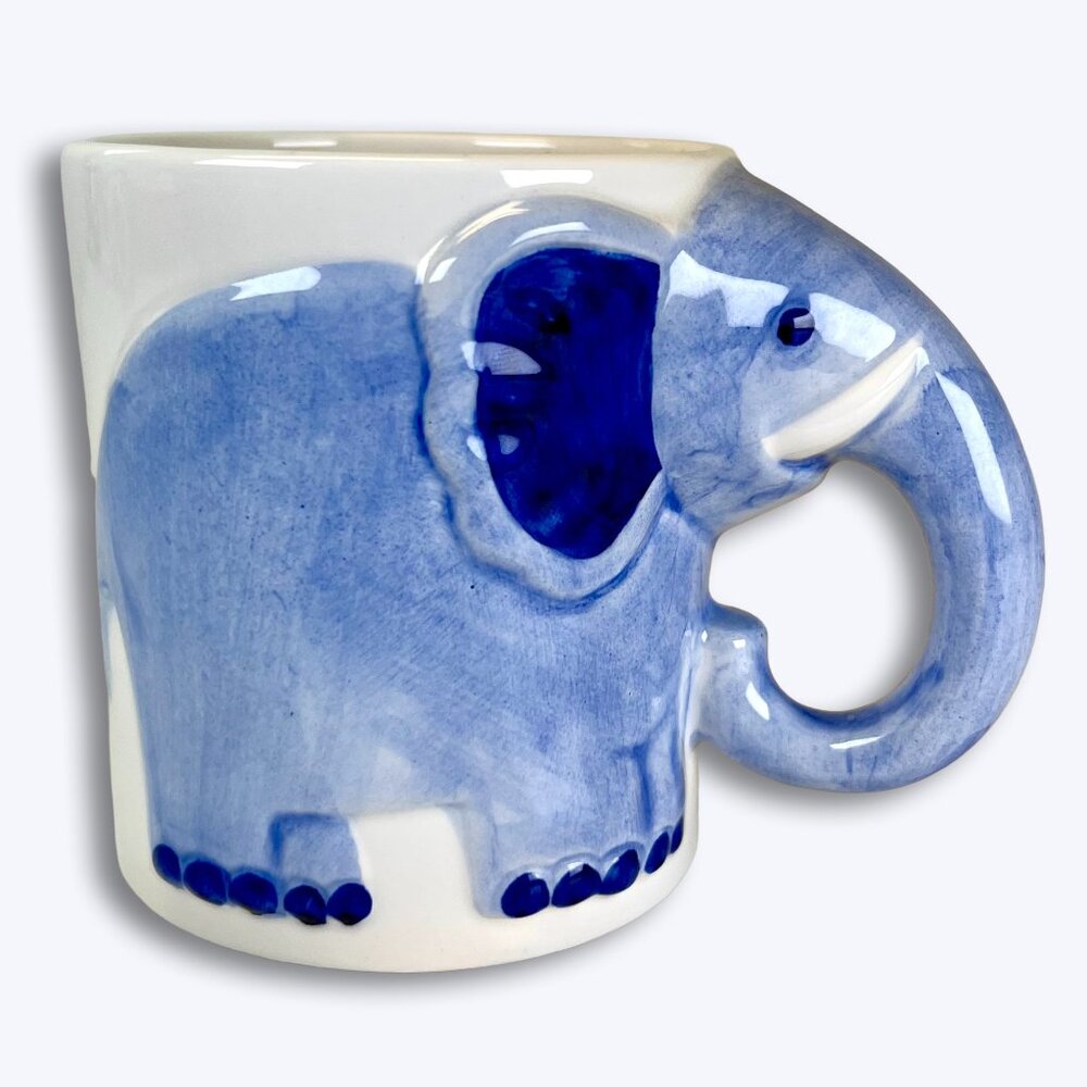 Vtg 1984 Delft Blue Elephant Mug Handpainted 3D Trunk Handle Floral Tea Coffee